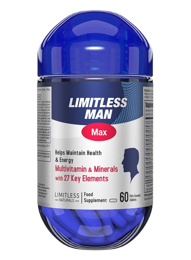 مكمل غذائي متعدد الفيتامينات والمعادن للرجال، 60 قرصًا، يدعم الطاقة والقوة والمناعة والقدرة على التحمل، يحتوي على 27 عنصرًا غذائيًا أساسيًا للرجال